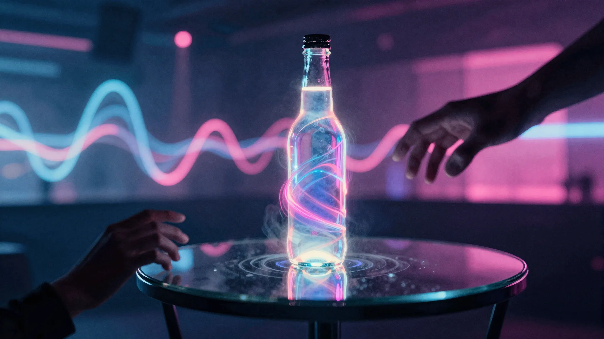 Watercolor style. Neon glowing bottle spinning on a dark gla...