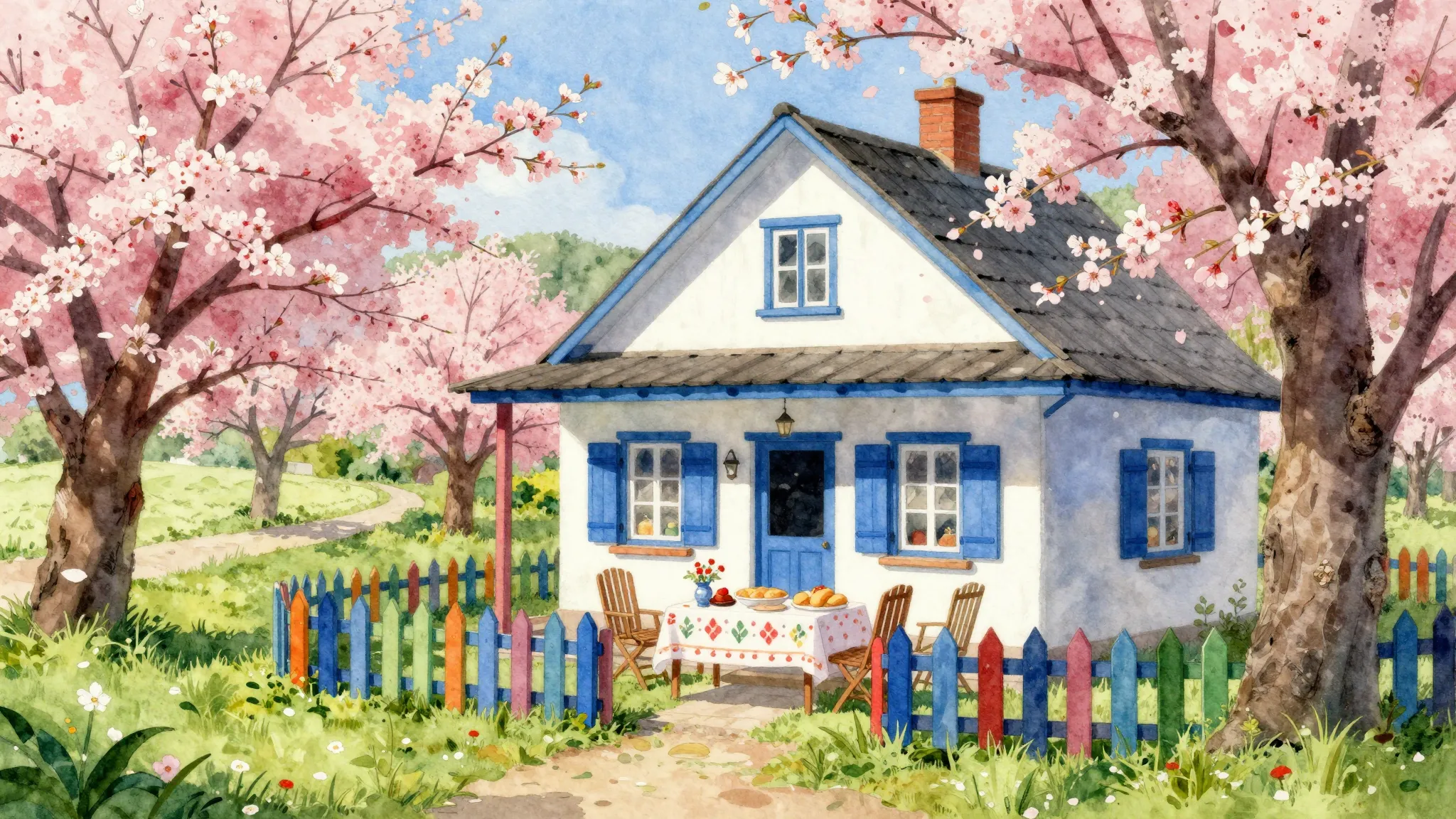 Vibrant watercolor style. A cozy village landscape in spring...