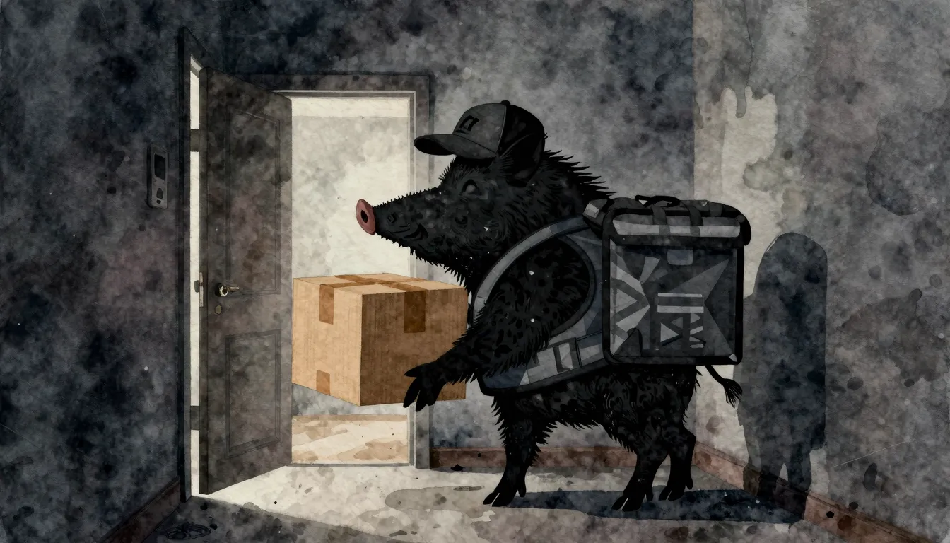 Watercolor style. Silhouette of a large boar wearing a deliv...