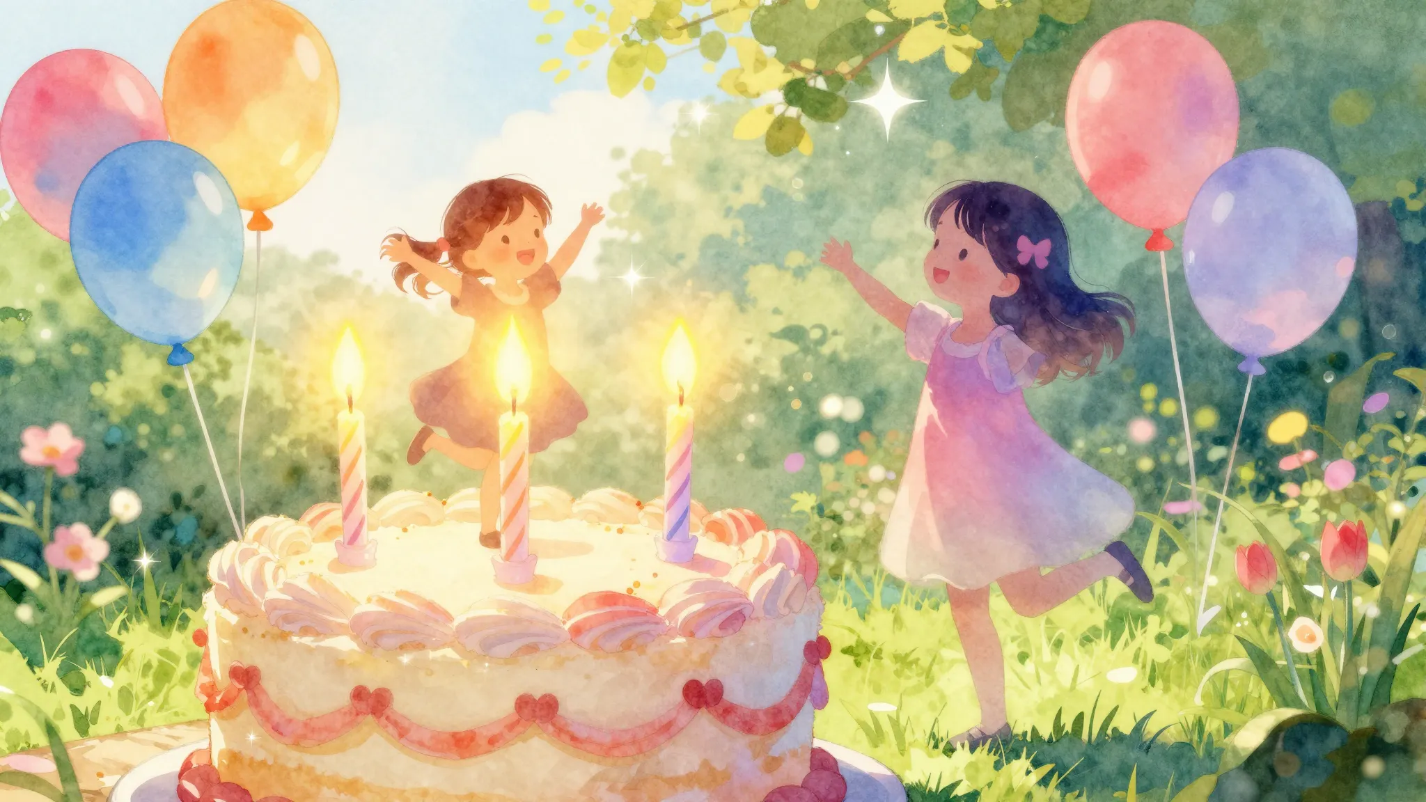 Vibrant watercolor style. A festive birthday cake with three...