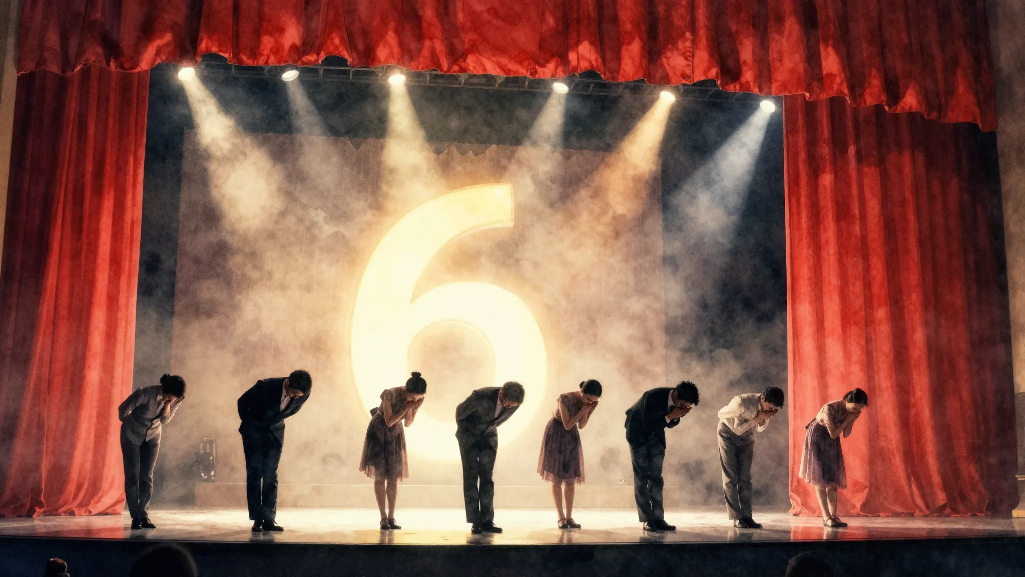 Watercolor style. Theatrical stage with red curtains and bri...