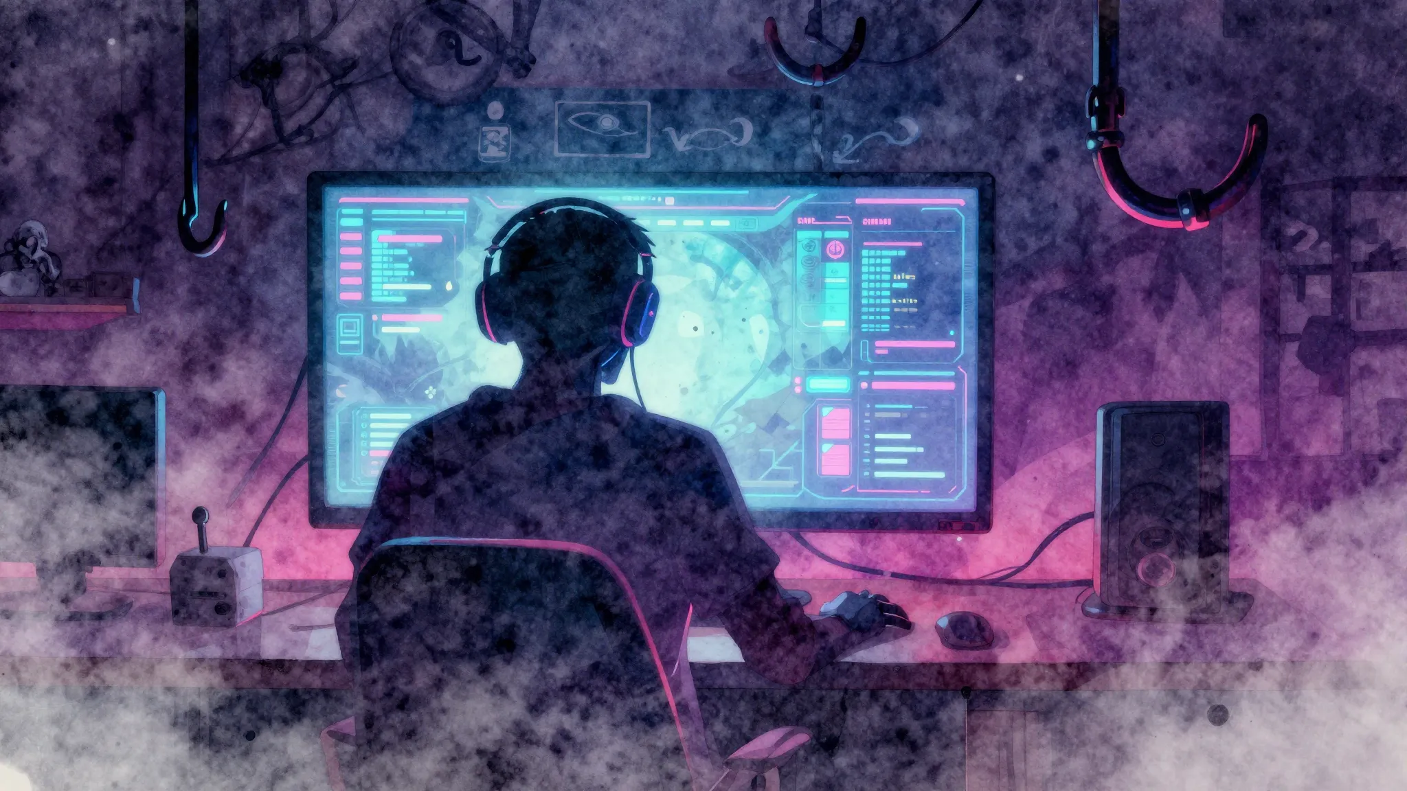 Vibrant watercolor style. Neon silhouette of a gamer in fron...