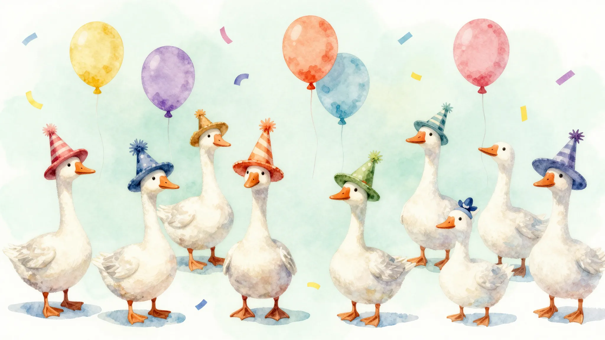 Watercolor style. A flock of geese wearing funny hats, festi...