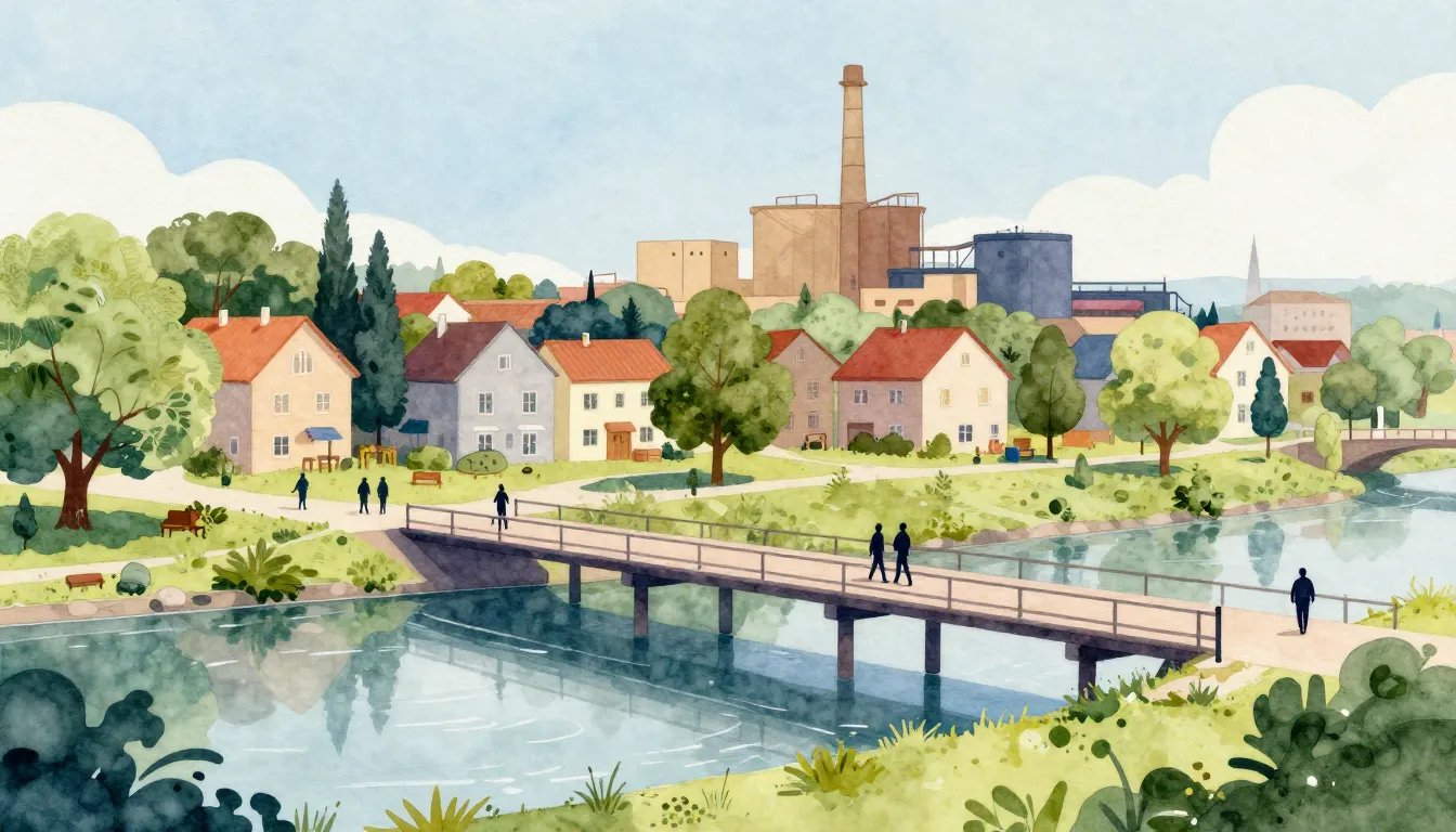 Watercolor style. A cozy village landscape, a straight bridg...