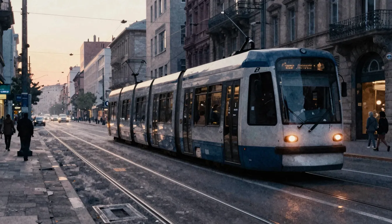 Watercolor style. Silhouette of a tram moving through a city...