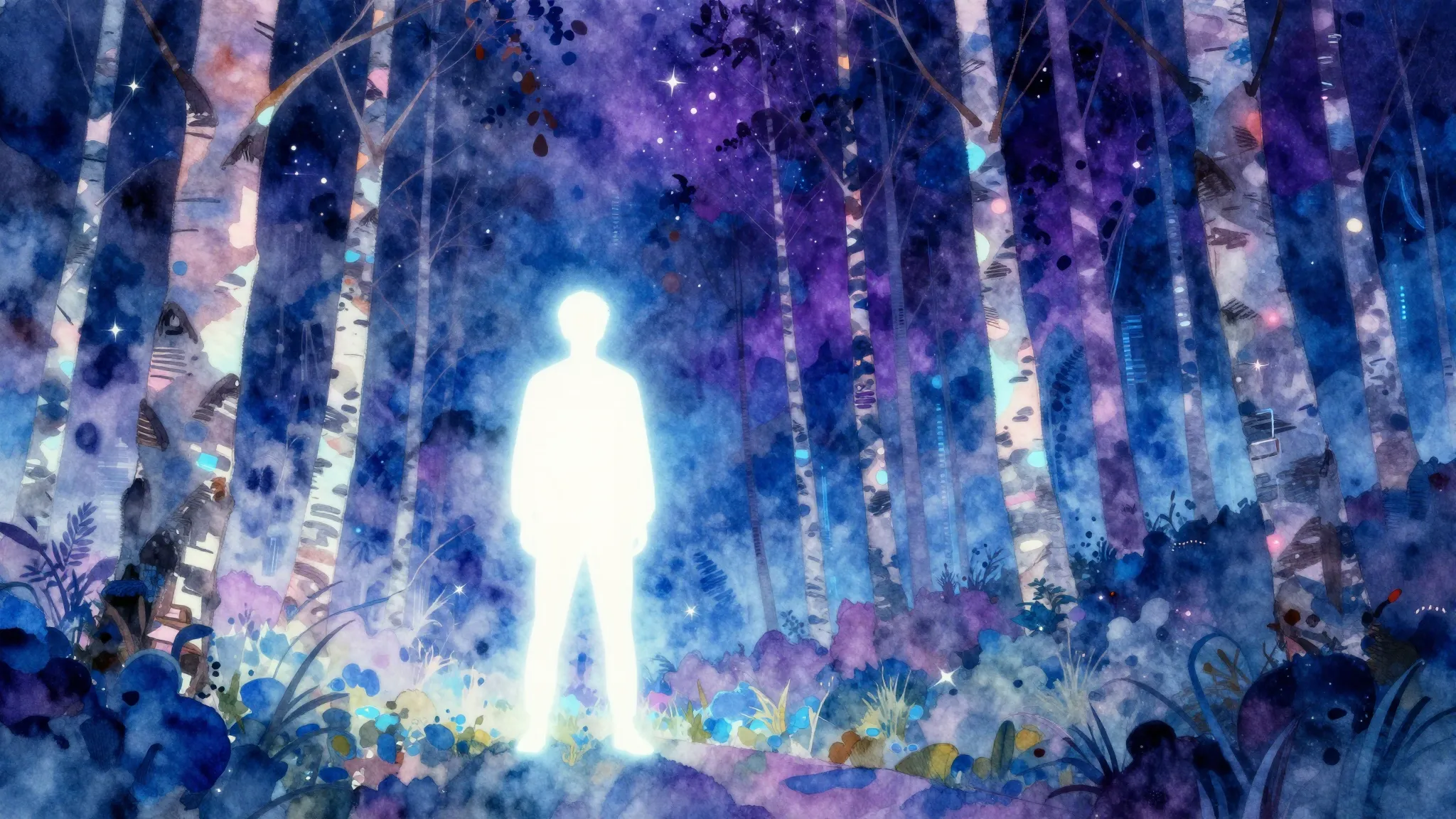 Vibrant watercolor style. Cyberpunk aesthetic, a glowing sil...