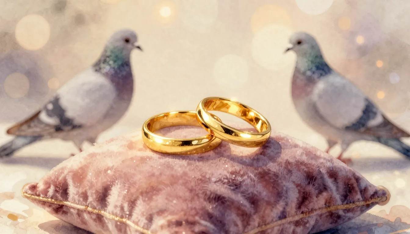 Watercolor style. Two golden rings glowing on a velvet pillo...