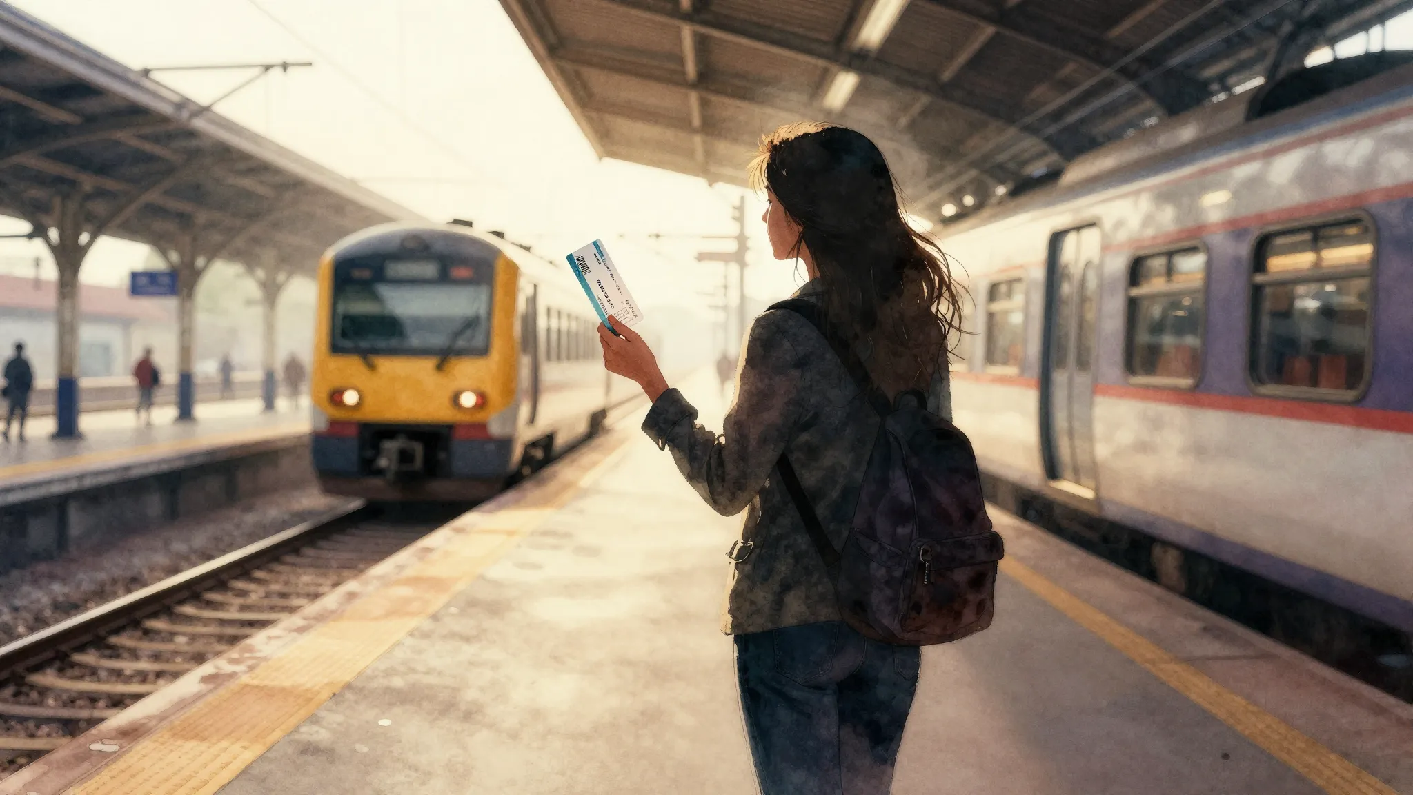 Watercolor style. A silhouette of a woman holding a train ti...