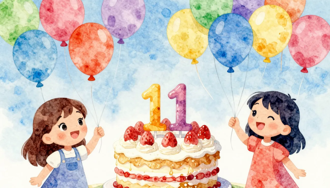 Vibrant watercolor style. Festive 11th birthday celebration,...