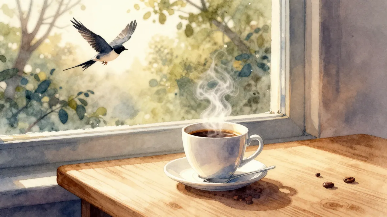 Watercolor style. A cozy morning scene with a steaming cup o...