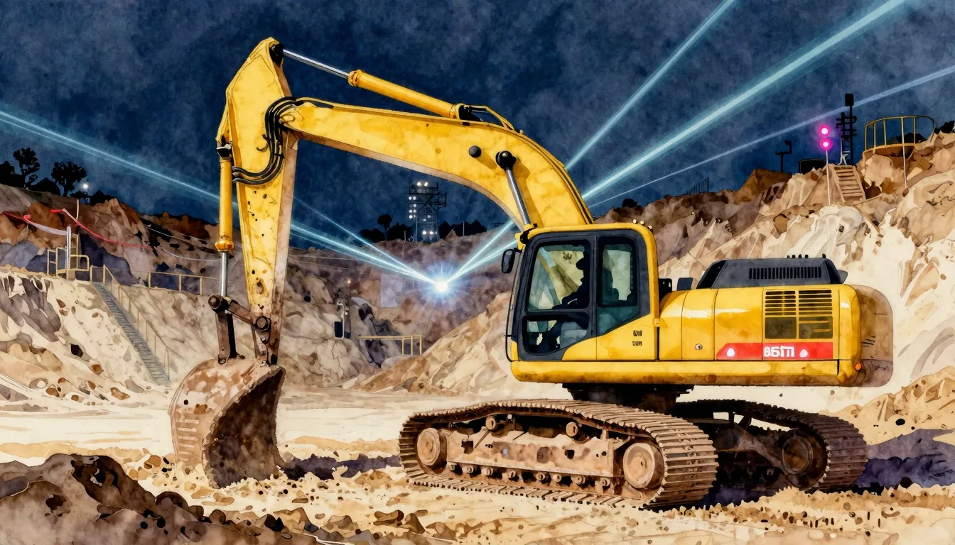 Watercolor style. A huge yellow excavator in a deep sand qua...