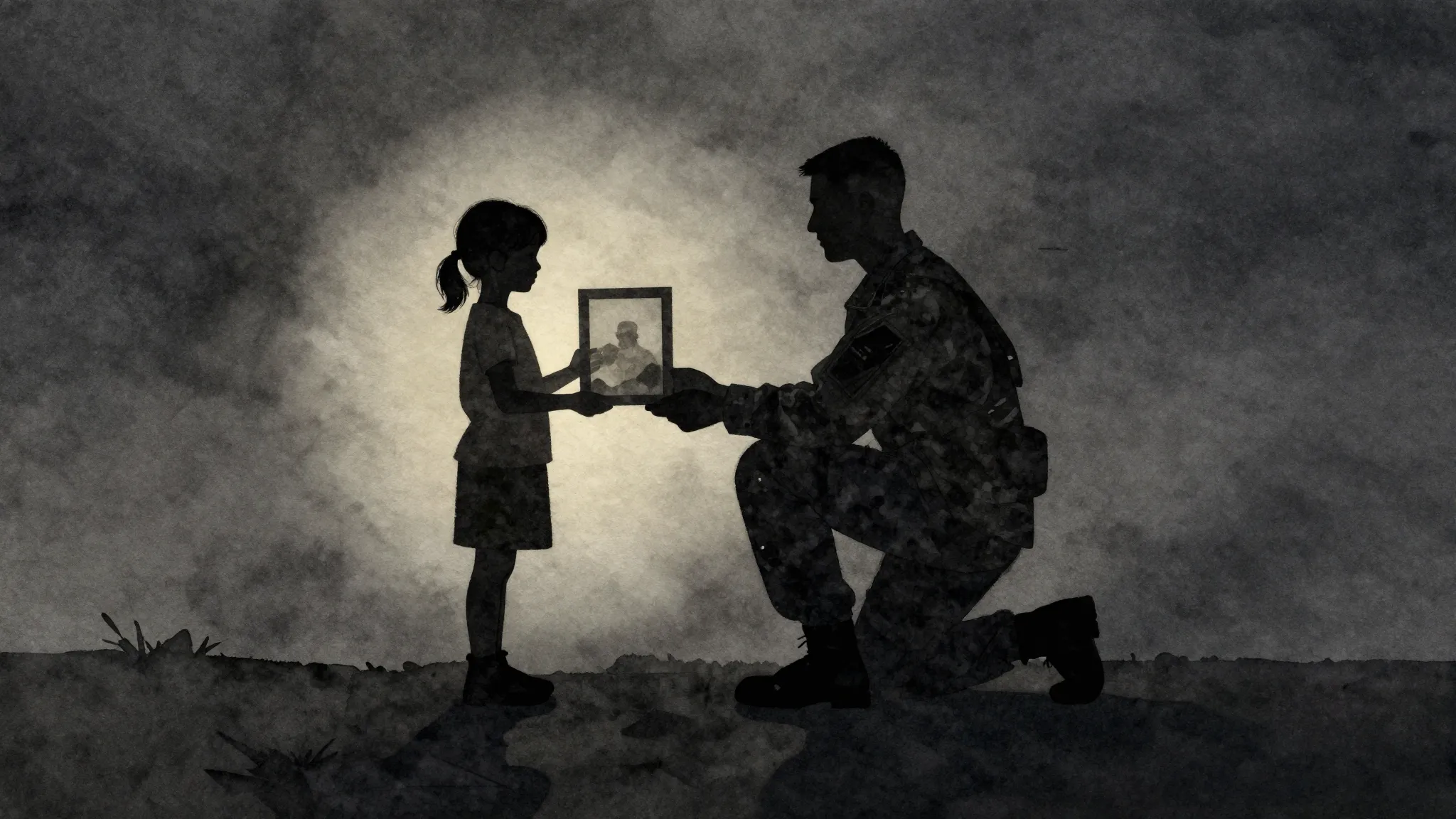 Watercolor style. Silhouette of a small child holding a fram...