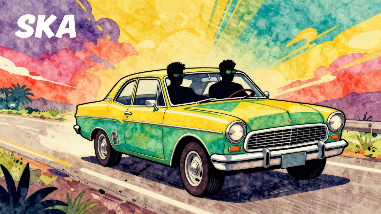 Vibrant watercolor style. Album cover art, ska reggae style,...
