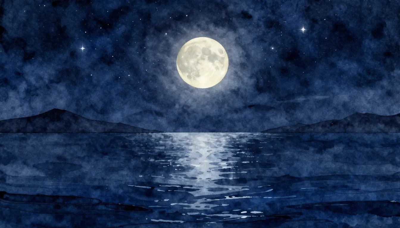 Watercolor style. A vast dark blue ocean merging with a star...