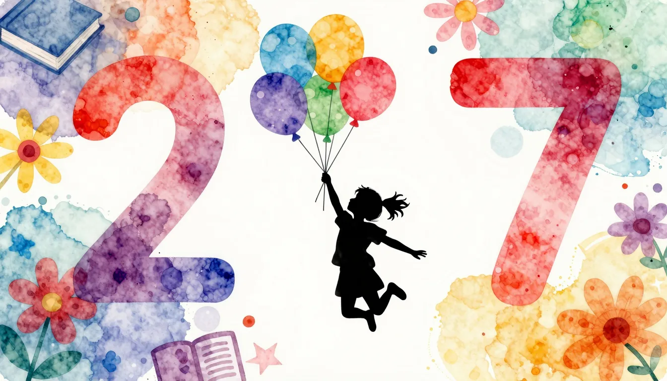 Watercolor style. A festive silhouette of a child jumping wi...