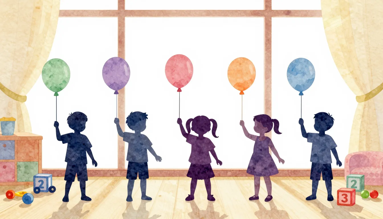 Watercolor style. Silhouettes of small children holding ball...