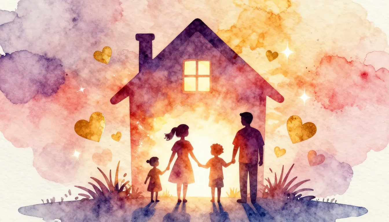 Vibrant watercolor style. Cozy house silhouette with a warm ...