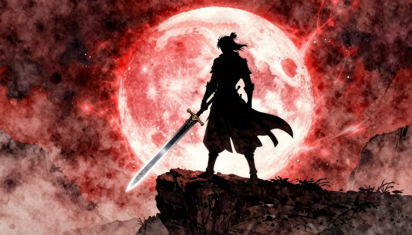 Watercolor style. Dark silhouette of a warrior with a giant ...