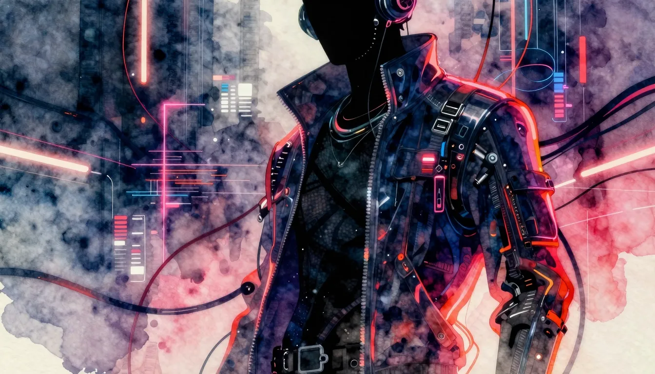 Vibrant watercolor style. Cyberpunk aesthetic, dark silhouet...