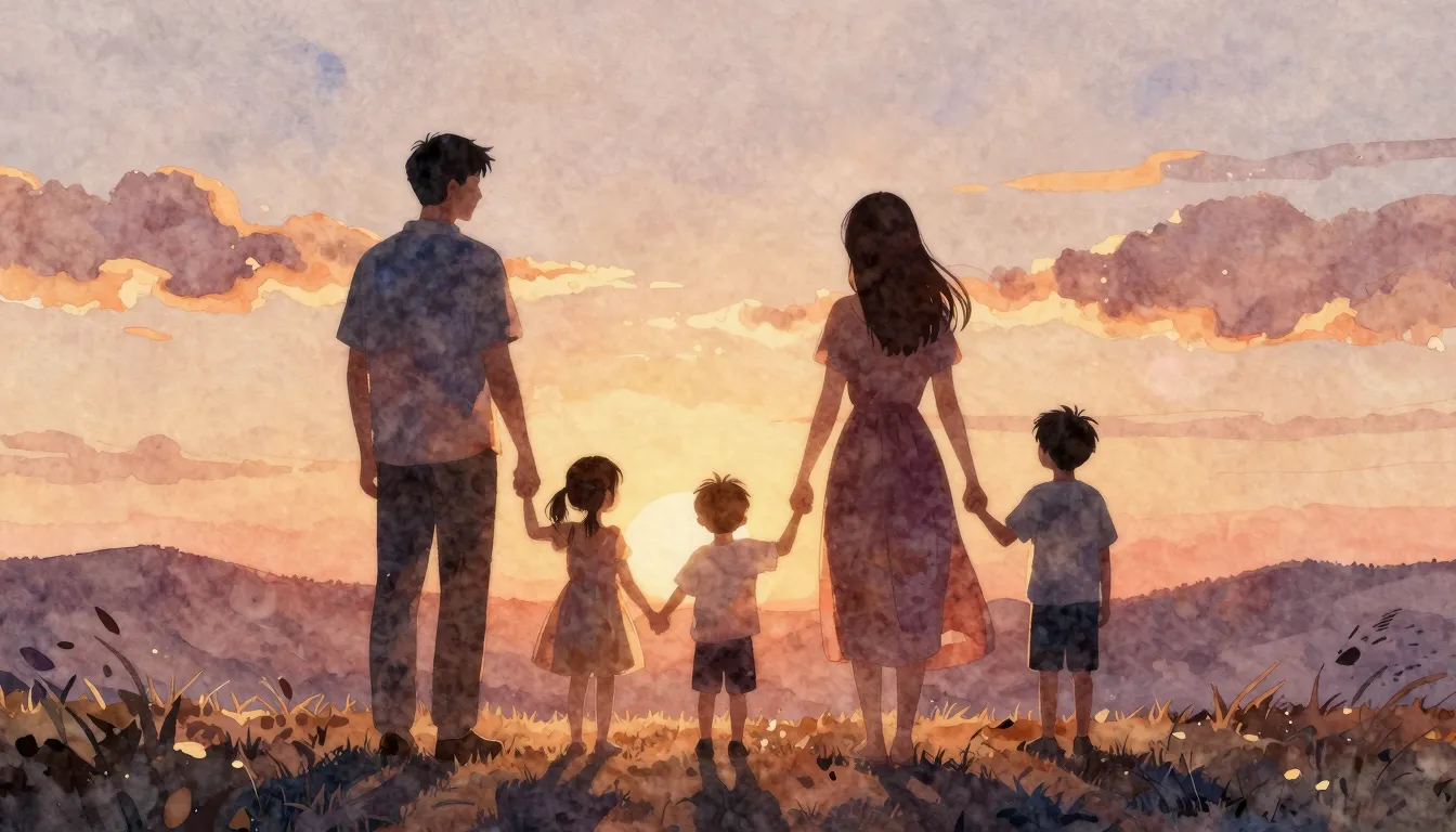 Watercolor style. Silhouettes of a family of 5 holding hands...