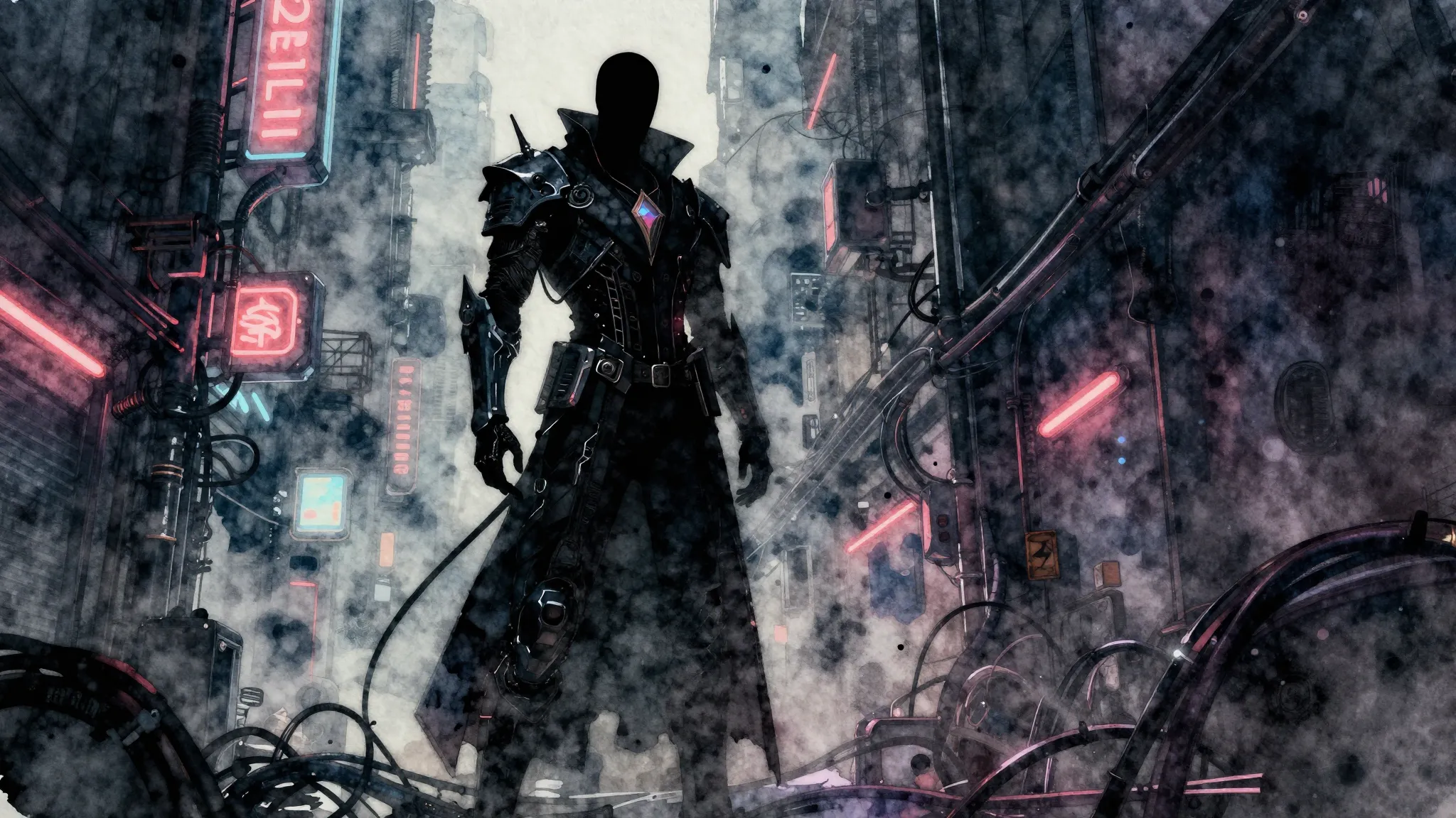 Watercolor style. Dark cyberpunk city alley, neon lights, gl...