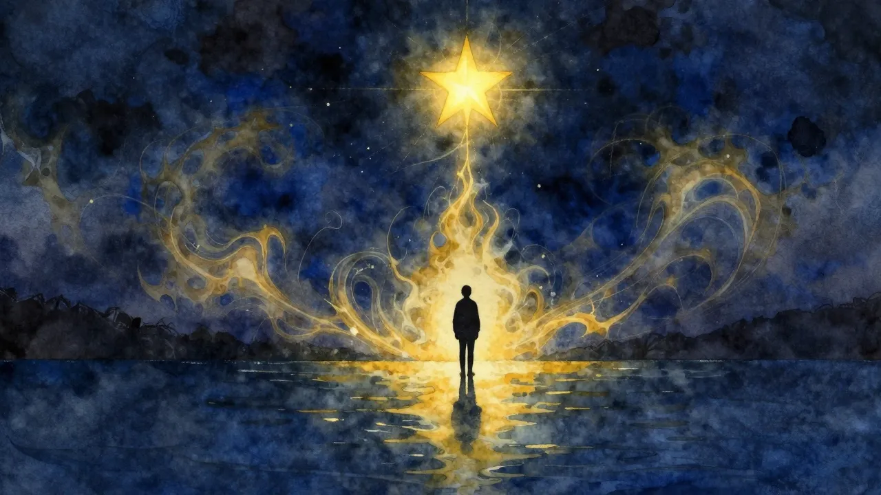 Vibrant watercolor style. A lone silhouette standing on a ca...