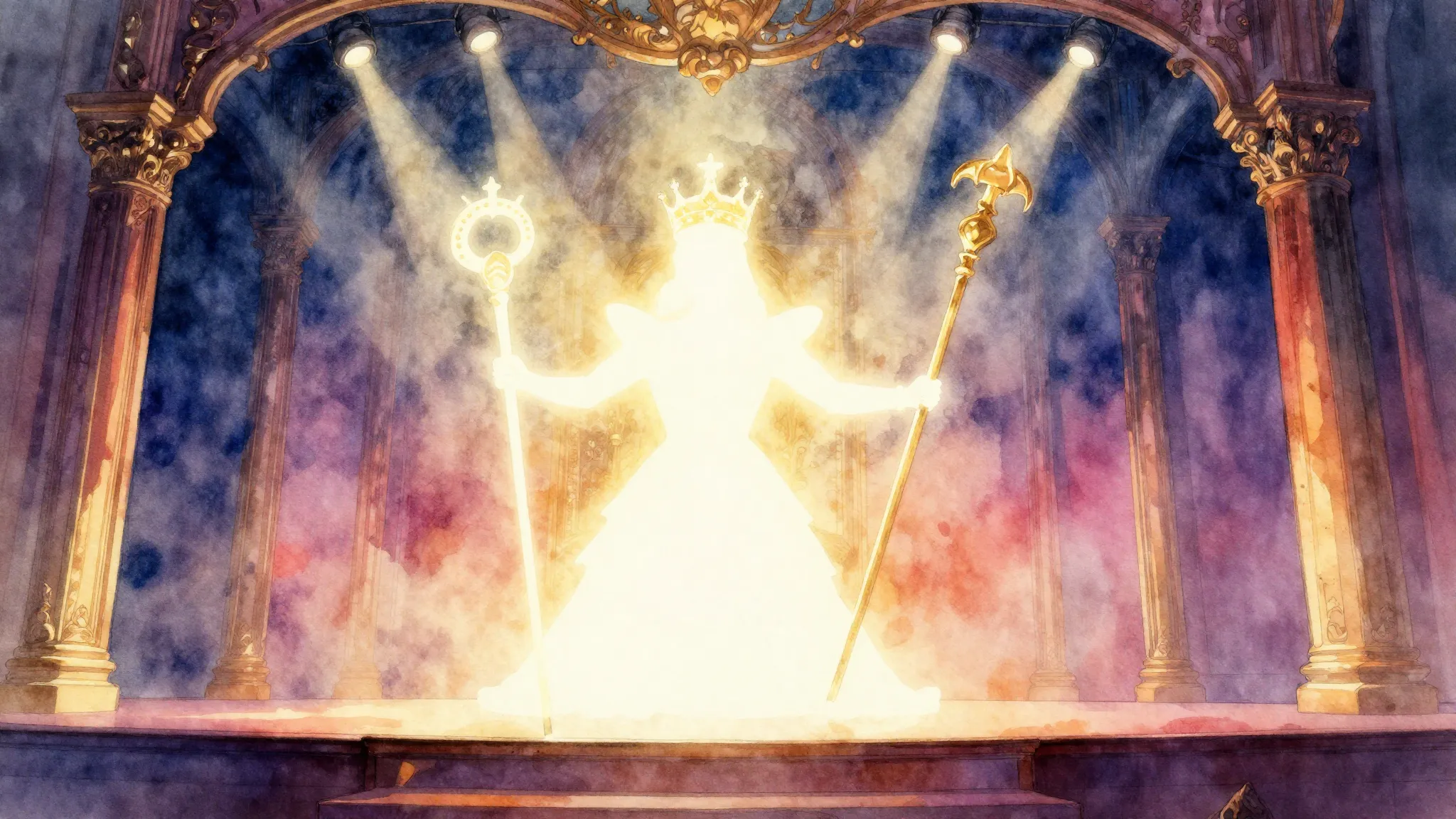 Vibrant watercolor style. Epic rock opera album cover, a maj...