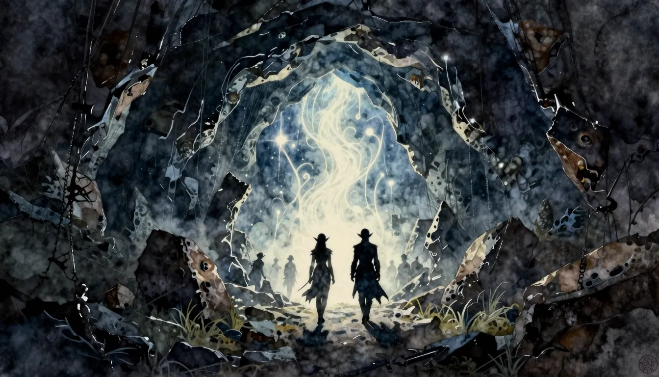 Watercolor style. Glowing magical portal in a dark undergrou...