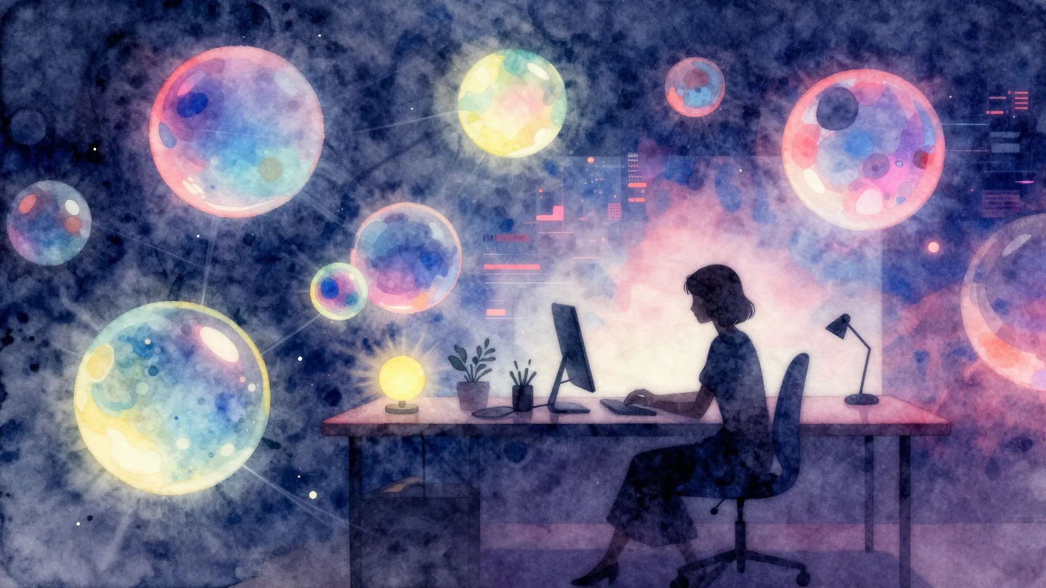 Watercolor style. Abstract dreamy workspace, floating glowin...