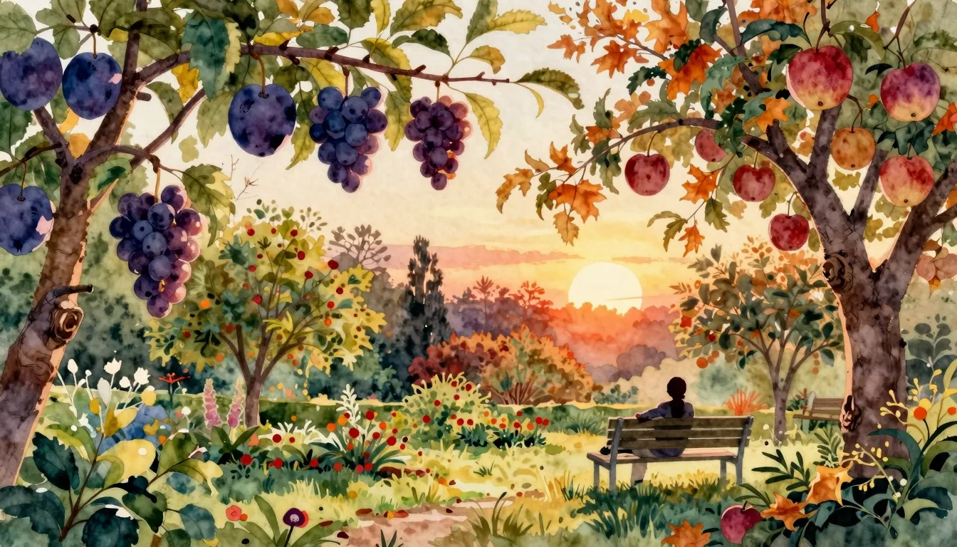 Watercolor style. Autumn garden landscape, ripe plums, grape...