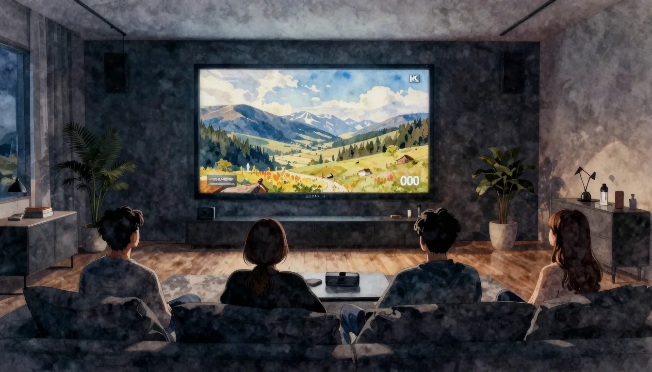 Watercolor style. A cozy dark room, a glowing 100 screen sho...