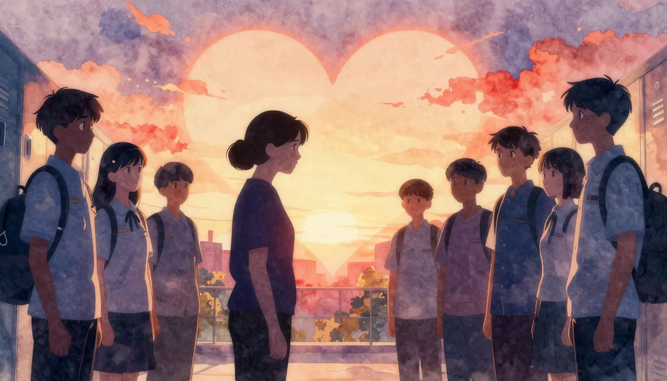 Vibrant watercolor style. A silhouette of a caring woman sta...