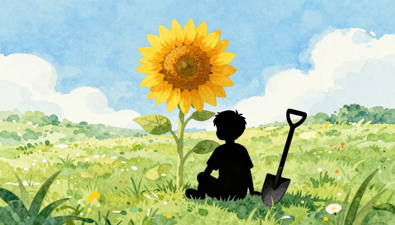 Watercolor style. Silhouette of a boy sitting under a large ...