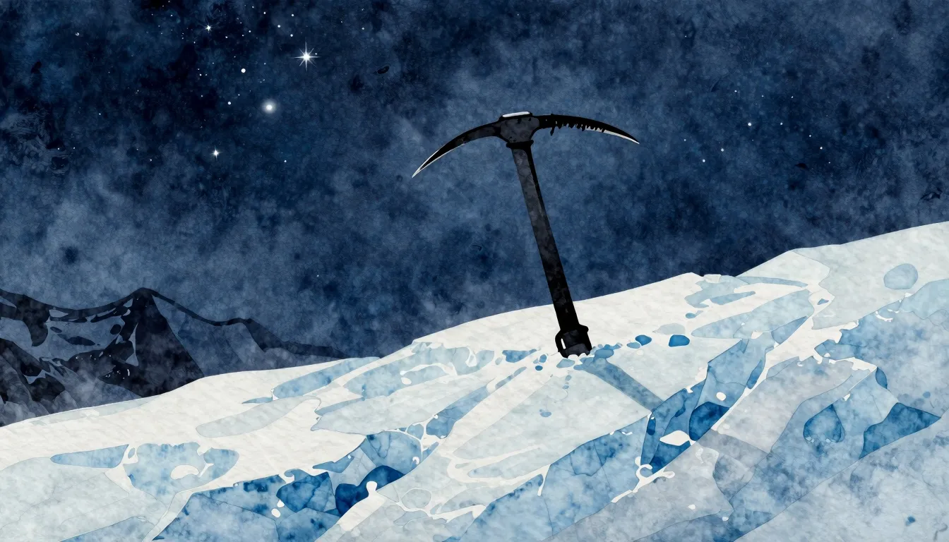Watercolor style. A silhouette of a lone ice axe stuck in a ...