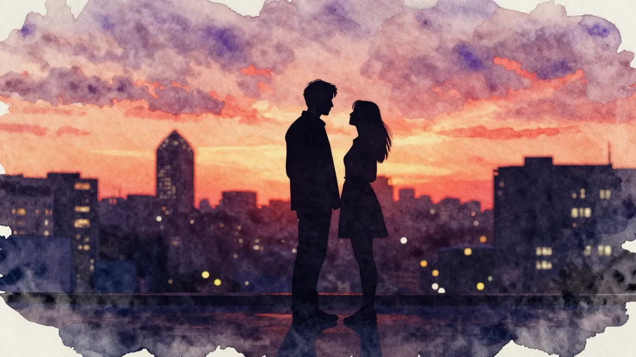 Vibrant watercolor style. A silhouette of a couple standing ...