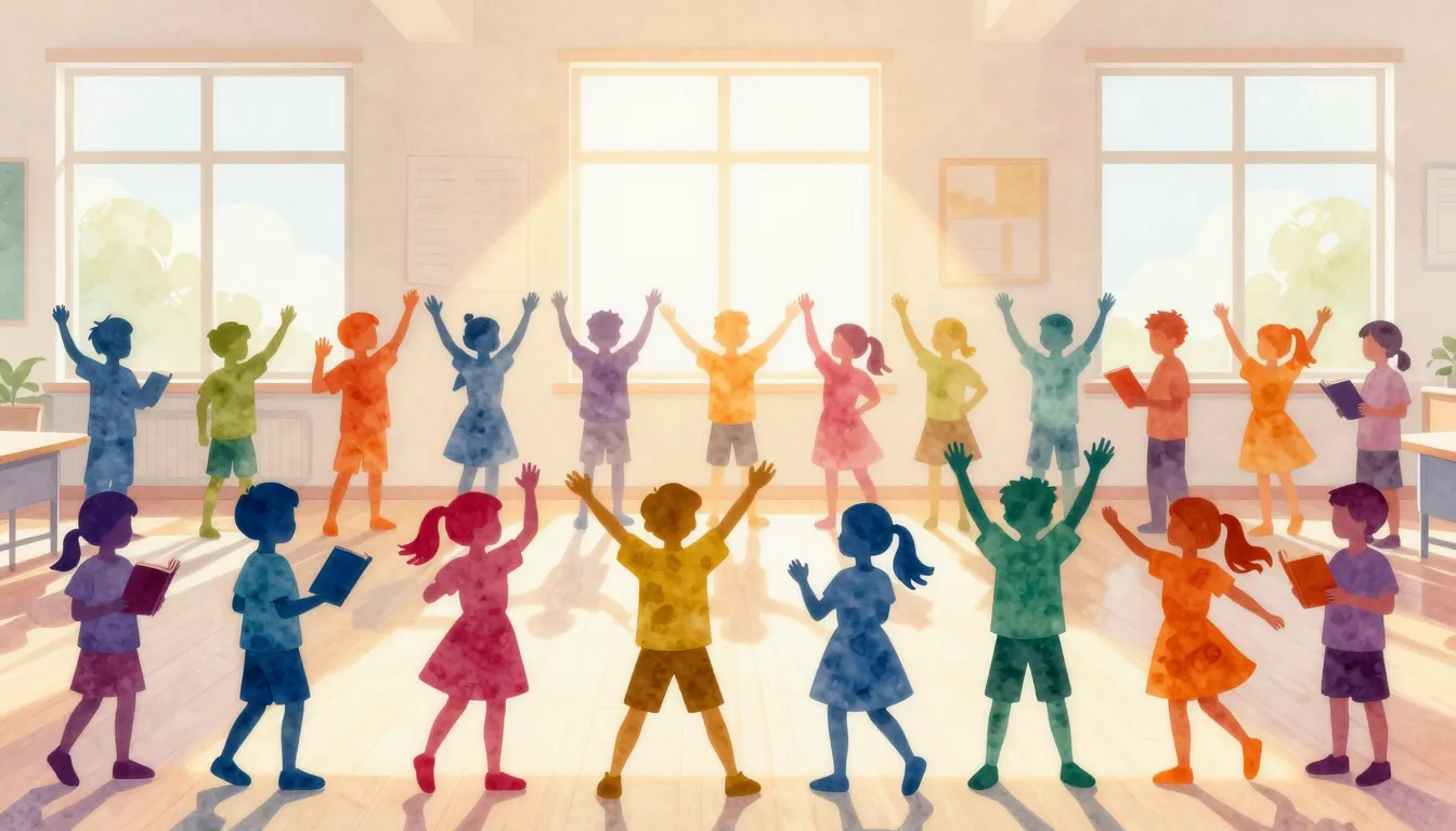 Watercolor style. A bright classroom with 26 colorful silhou...