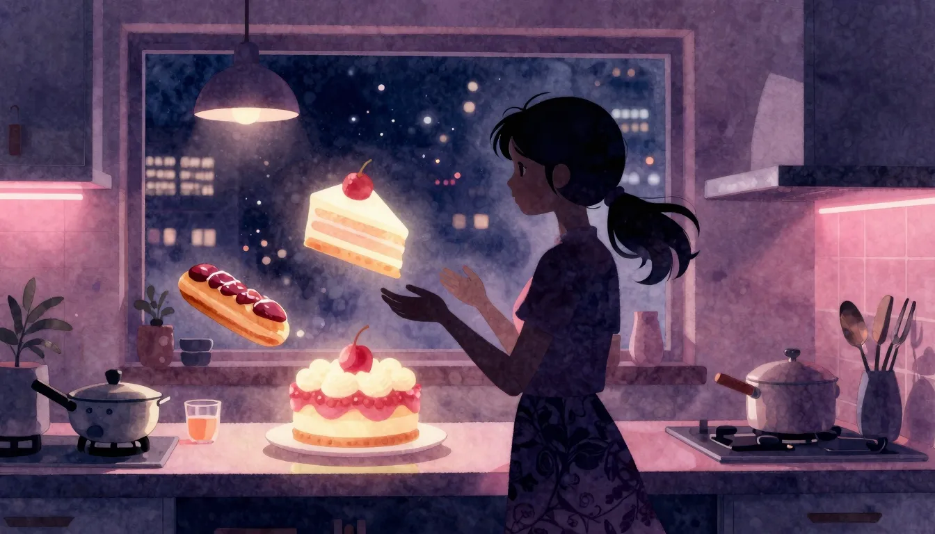 Watercolor style. A silhouette of a girl in a modern kitchen...