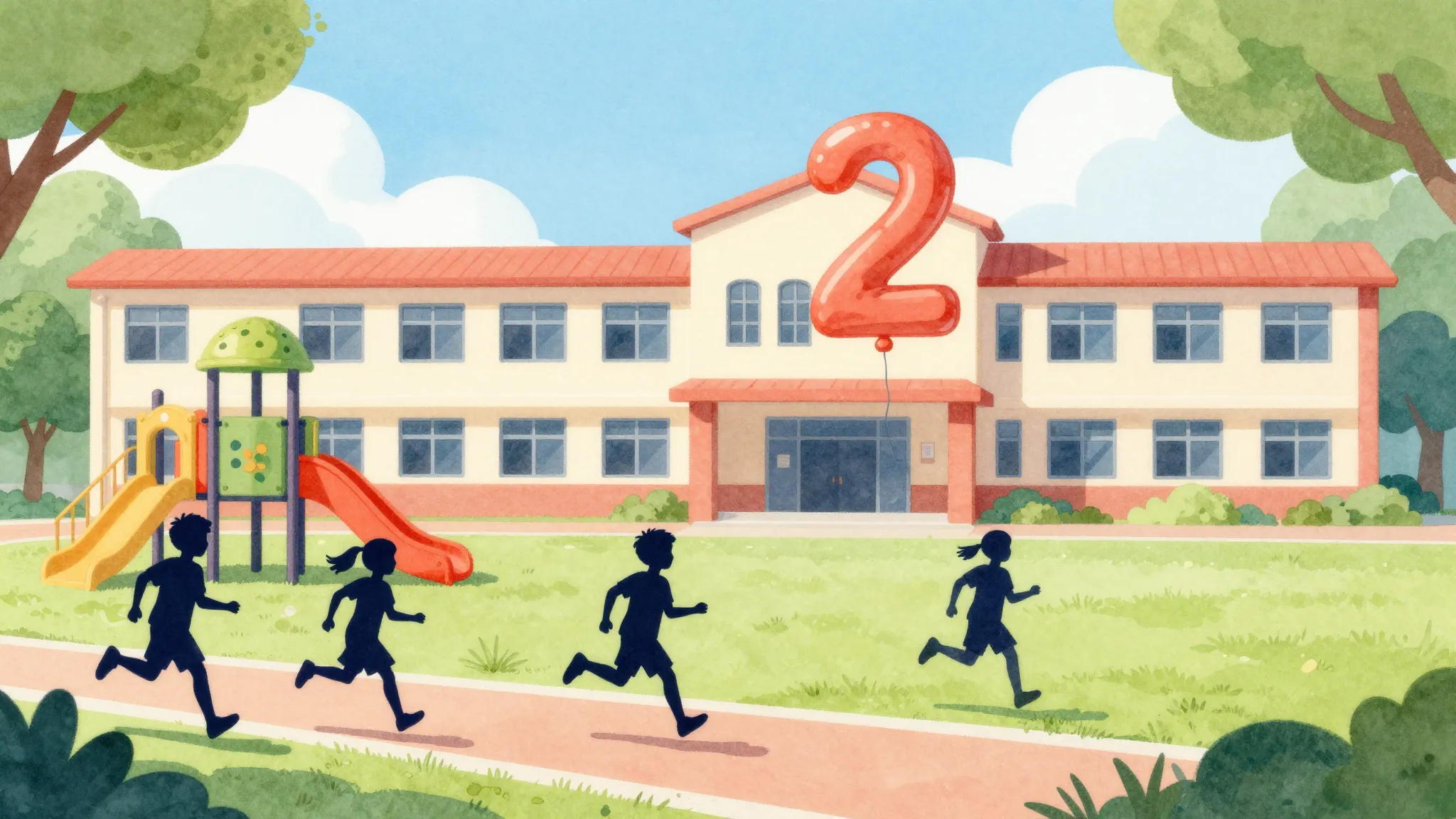 Watercolor style. Bright sunny school building, colorful pla...