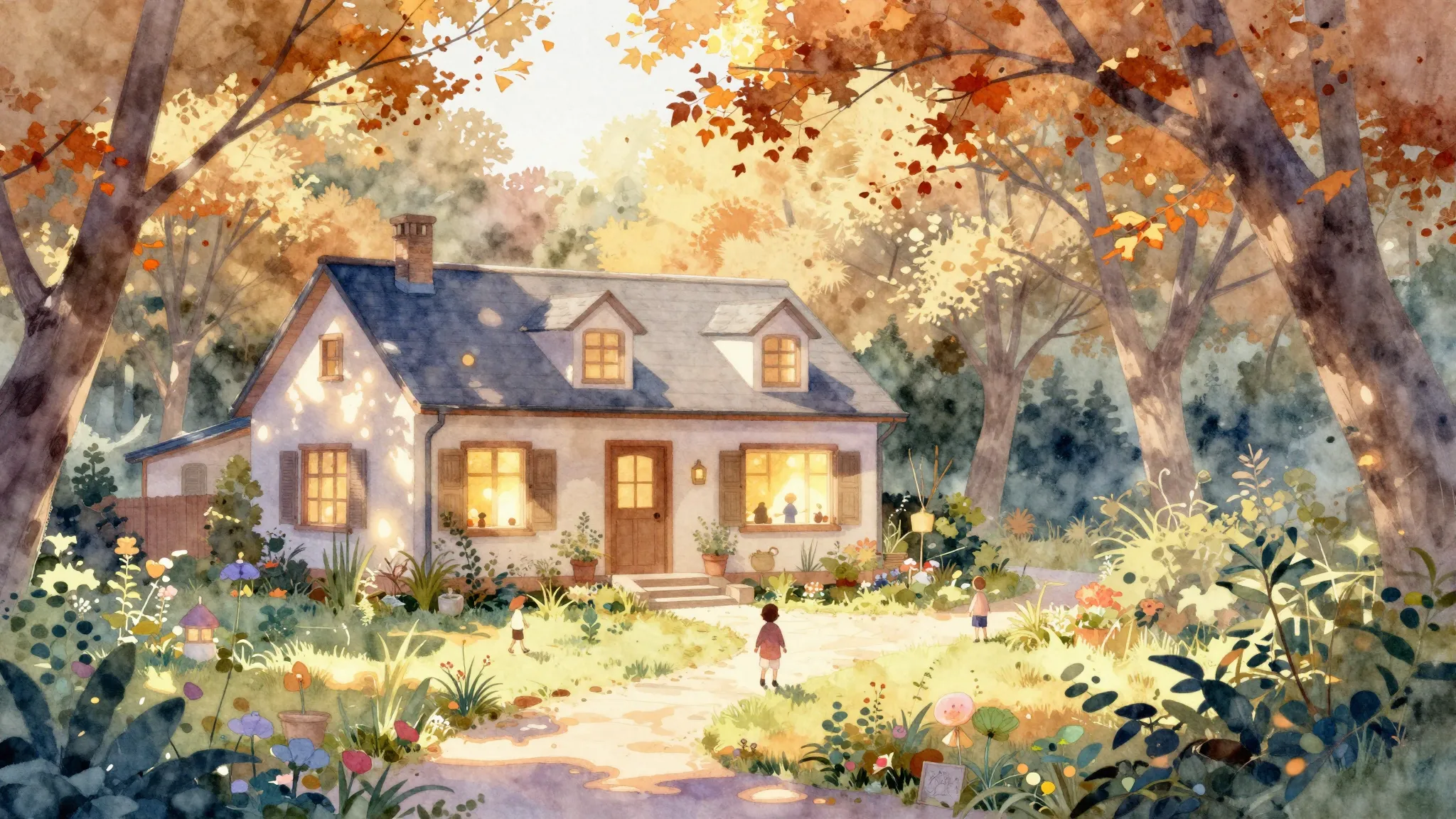 Watercolor style. A cozy building surrounded by autumn trees...