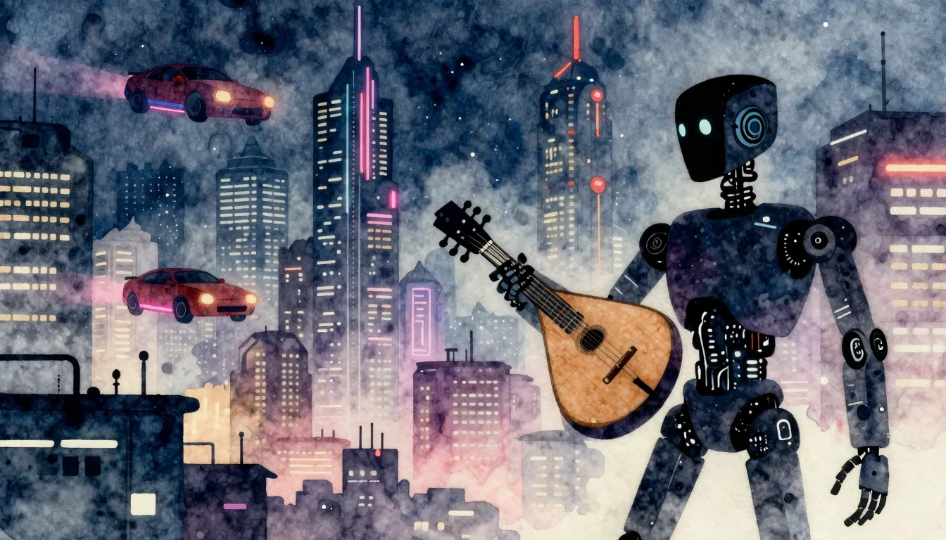 Watercolor style. A futuristic city skyline at night with fl...