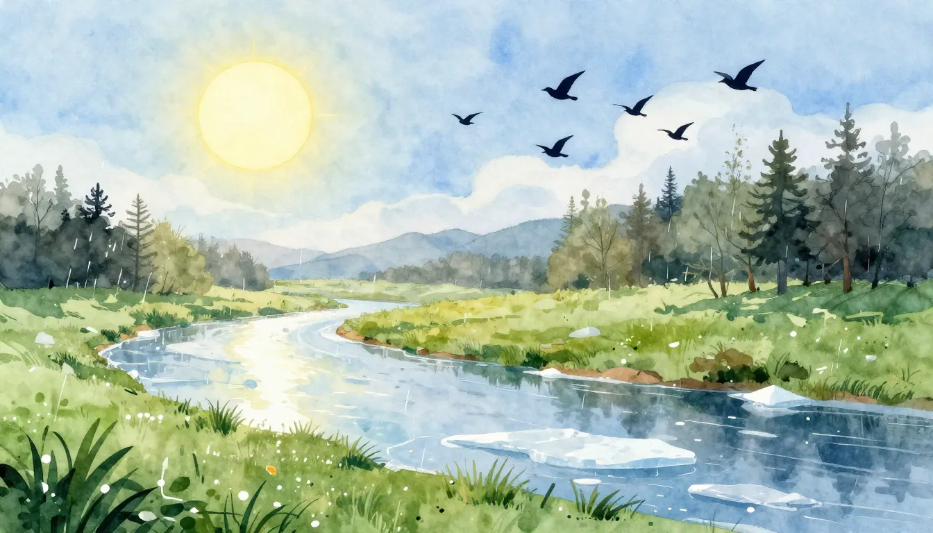 Watercolor style. A bright spring landscape with a shining s...