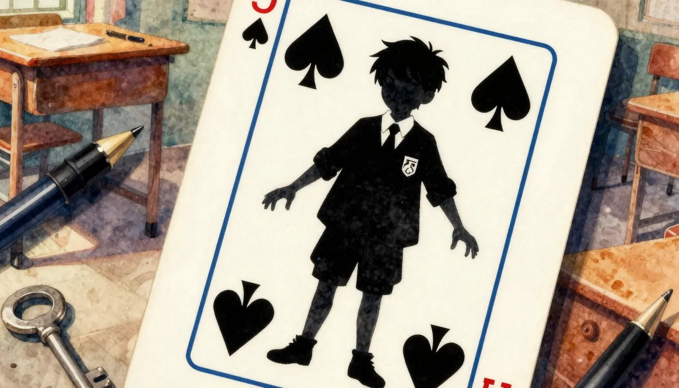 Vibrant watercolor style. A vintage playing card featuring a...