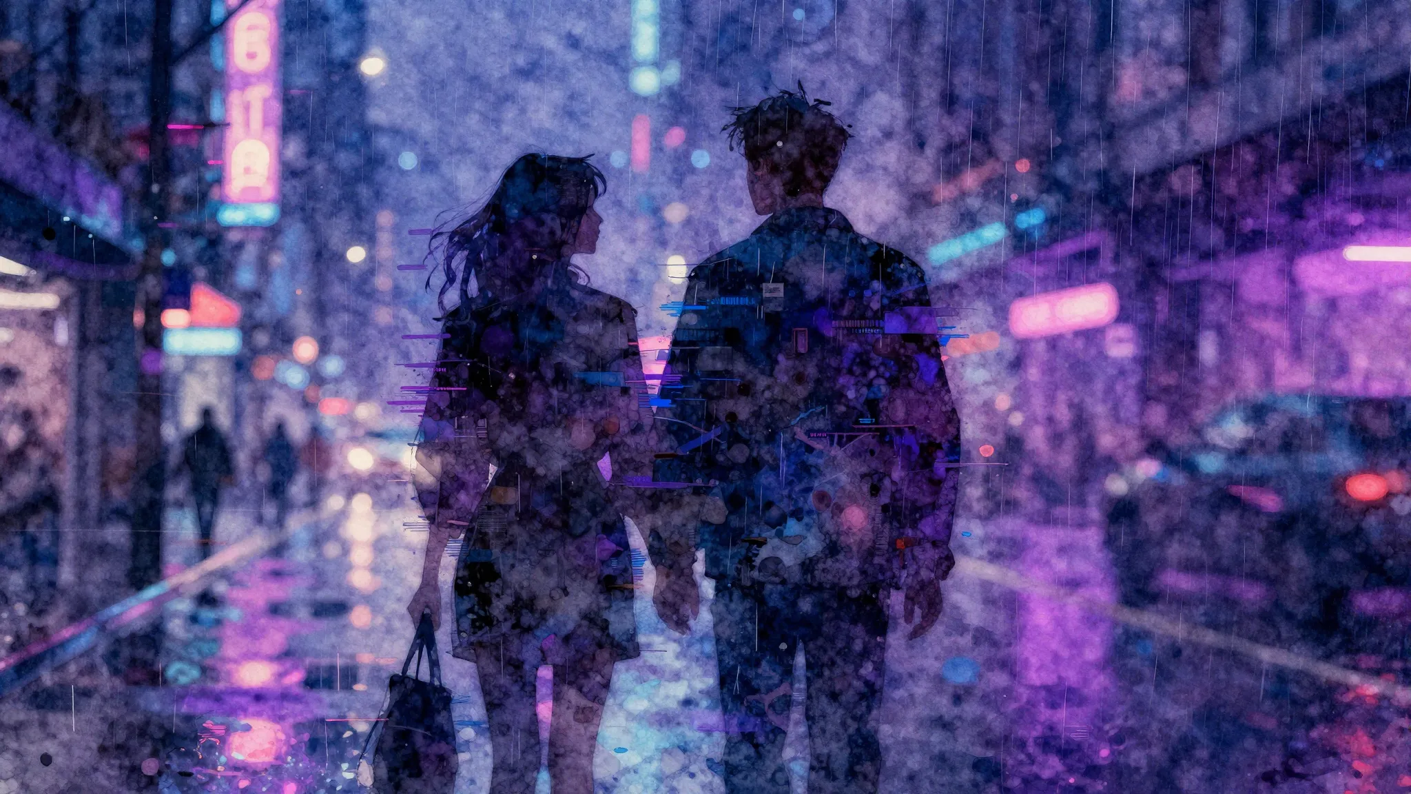 Vibrant watercolor style. Cyberpunk urban aesthetic, dark mo...