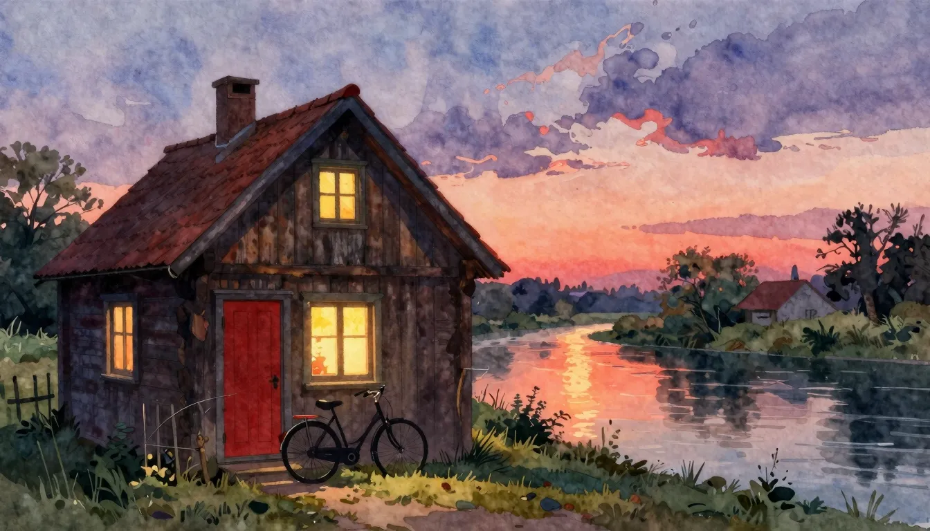 Vibrant watercolor style. A cozy rustic wooden house by a ca...
