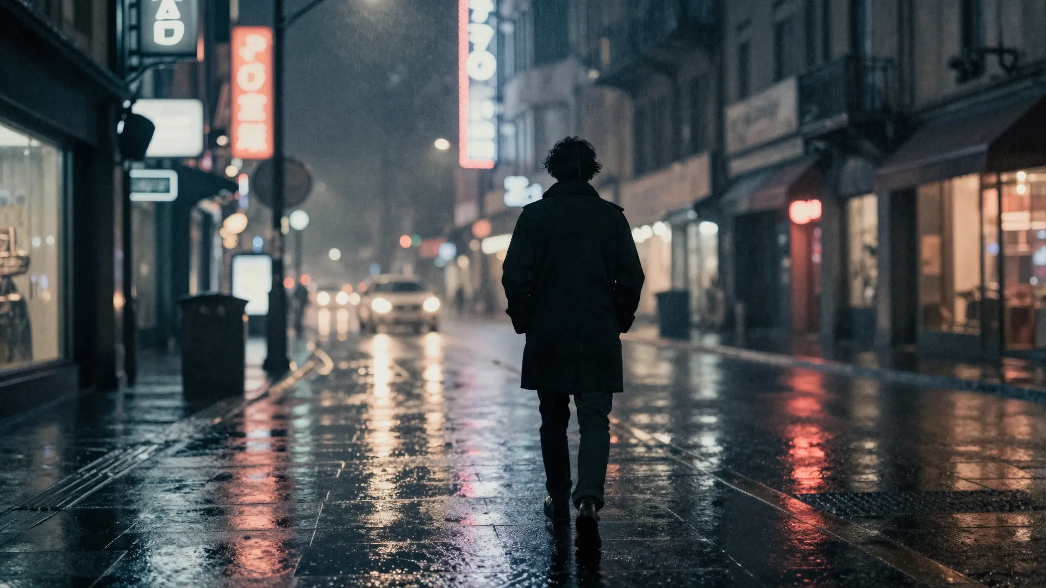 Watercolor style. A dark silhouette of a person standing alo...