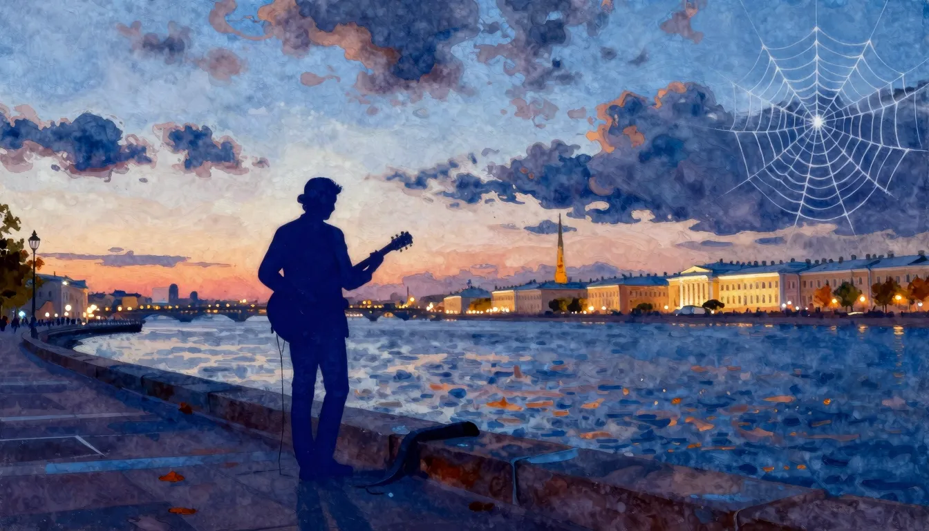 Vibrant watercolor style. A lonely silhouette of a blues mus...