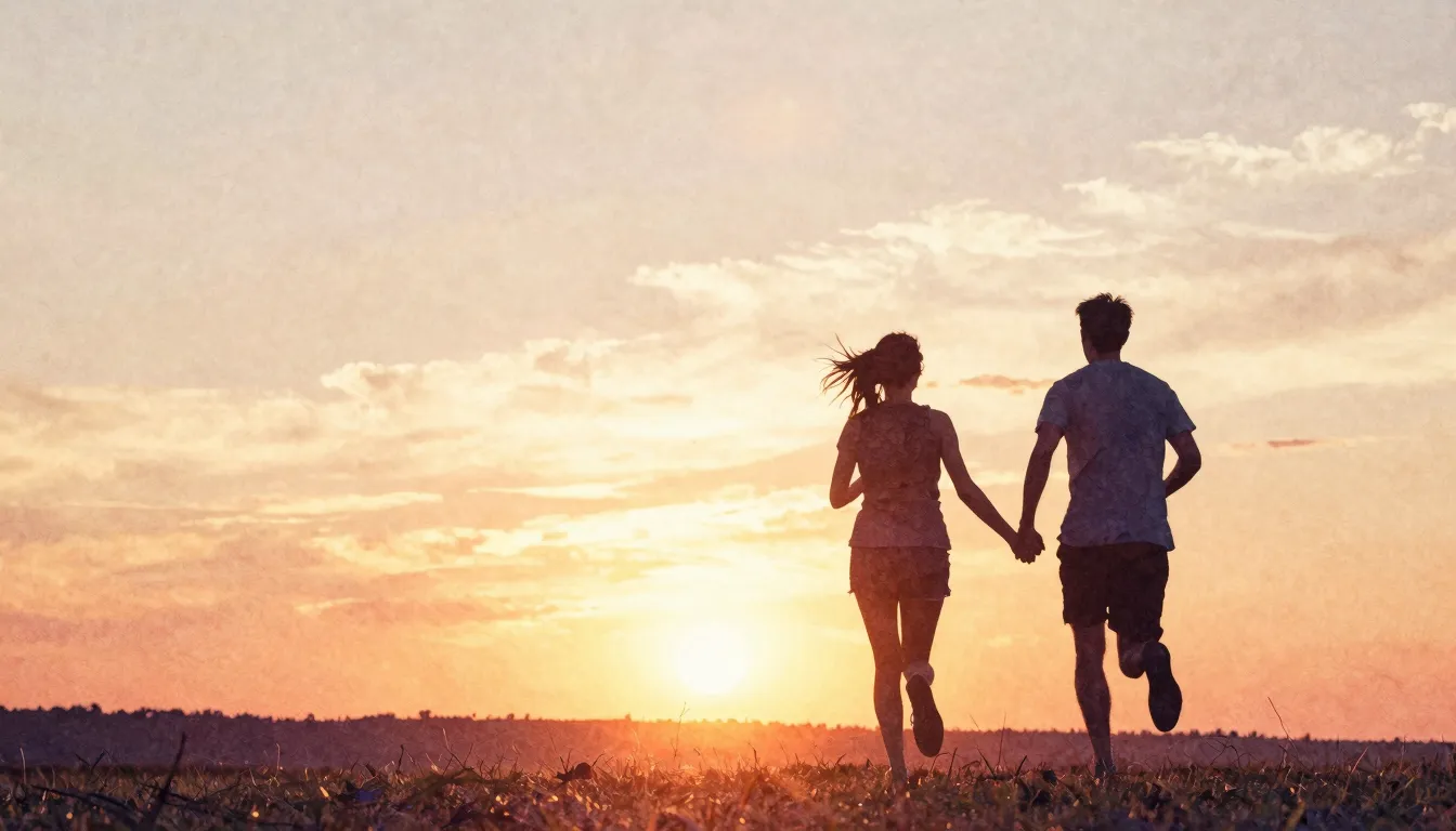 Watercolor style. Silhouette of a couple holding hands, runn...