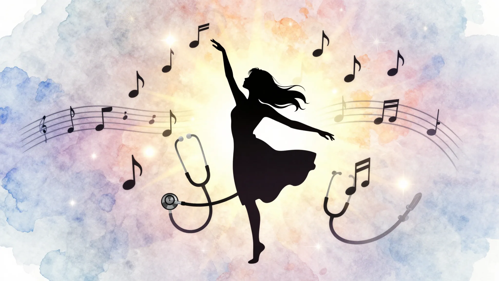Watercolor style. Silhouette of a girl dancing surrounded by...