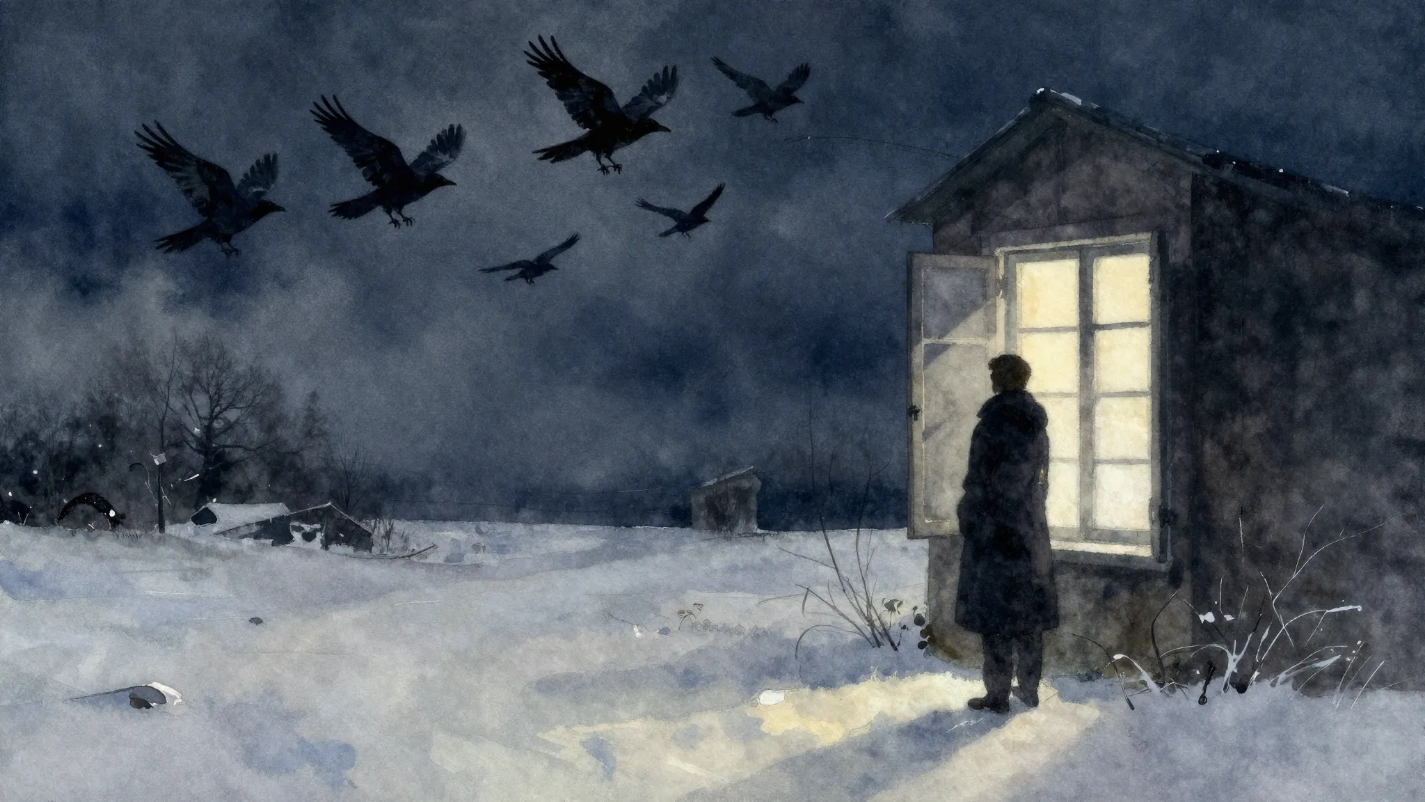 Vibrant watercolor style. A melancholic winter landscape, a ...