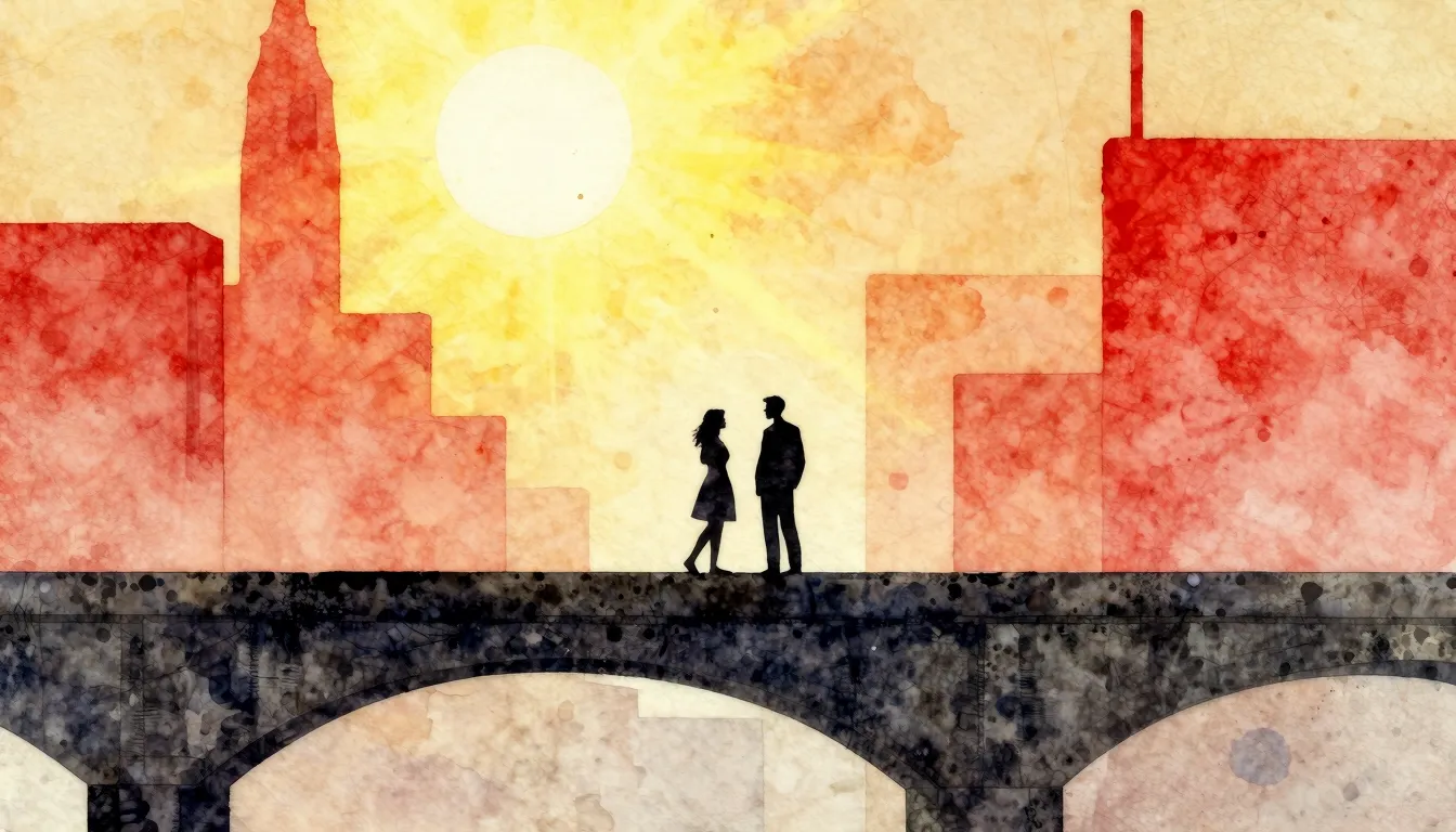 Watercolor style. Silhouette of a couple standing on a stron...